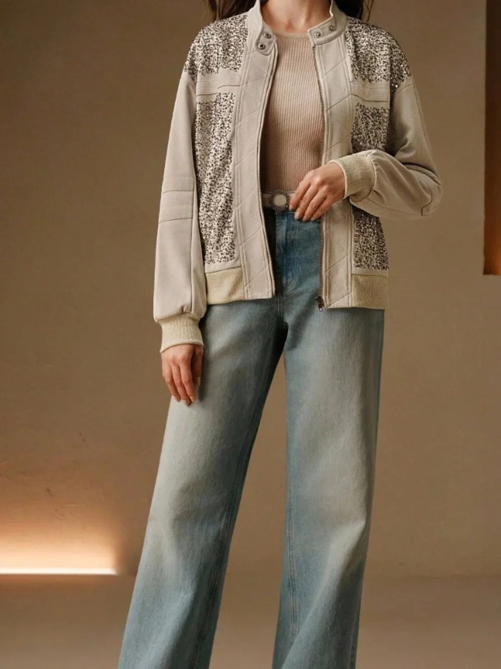 Khaki Casual Women'sKnit Embroidered Loose Jacket